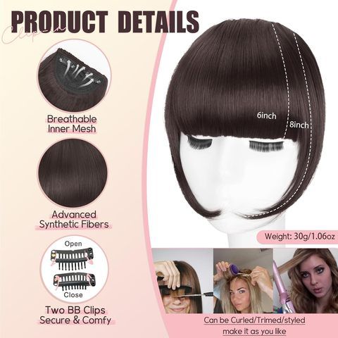 Synthetic French Bangs Hair Clip Medium Brown Fake Bangs Fri view 2